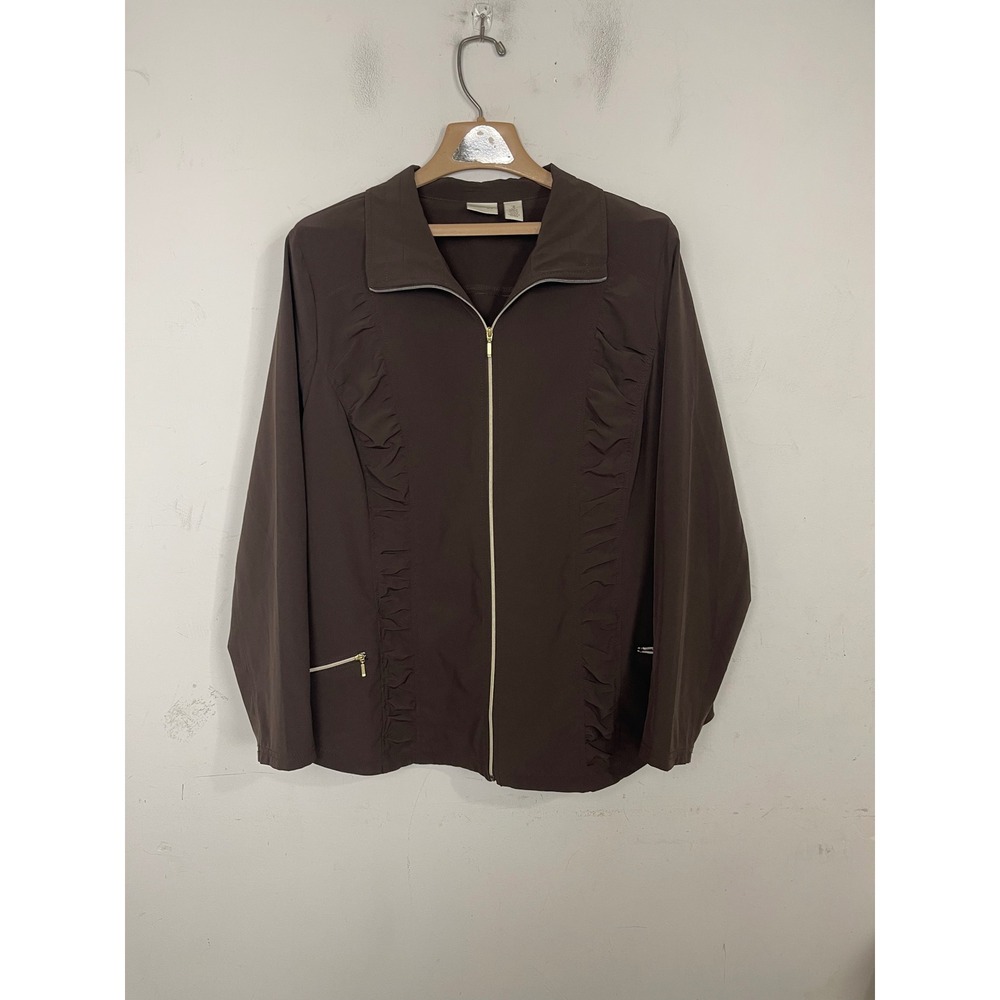 Chicos Zenergy Brown Ruffle Full Zip Jacket Womens Size 3 Large XL Performance‎